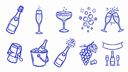 Blue line art doodle set of champagne icons including bottles glasses and grapes for celebratory event design elements isolated on white background perfect for party and wedding. © SWEET