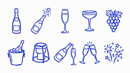 Set of blue hand drawn doodle icons featuring champagne bottles and glasses for festive celebration and party design elements isolated on white background in clean line art. © SWEET