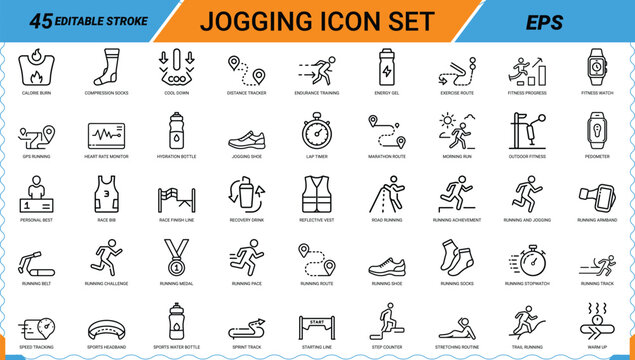 Jogging icon set. running achievement, endurance training, marathon route and fitness progress.