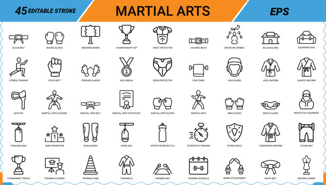 Set of 45 martial arts thin line icons for web and any design. combat sports vector icons.