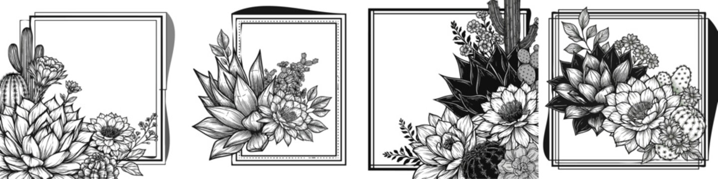 A minimalist botanical corner vignette featuring detailed agave plants, blooming cacti flowers, and clean linear frame borders in high contrast black and white line art on a solid white background