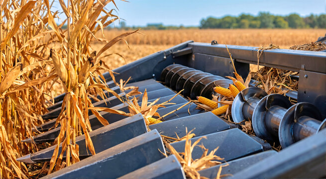 Close-up of a dark metal combine harvester header processing dry stalks. Spinning auger moving golden corn ears into the machinery during autumn agricultural harvest