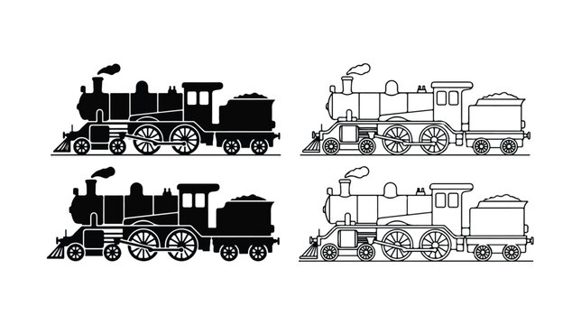 Vintage steam locomotive vector set, antique train engine silhouettes and line art icons, retro railway transportation graphics for history projects