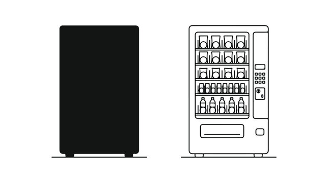 Vending machine vector icons, black silhouette and line art vending machine set, automated snack and drink dispenser equipment for retail