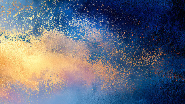 Abstract luxury background with dark blue textured wall and exploding golden glitter dust.