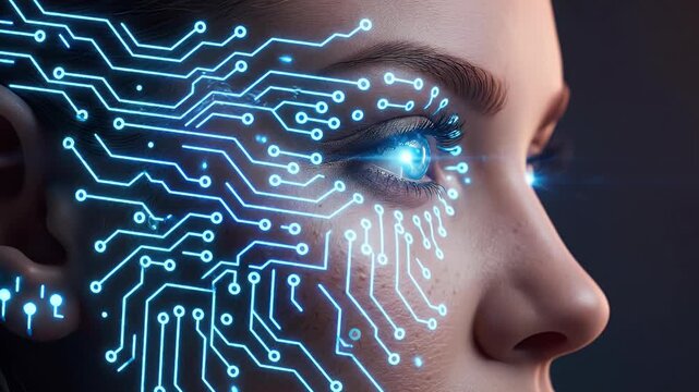 Futuristic Face with Circuitry and Digital Eye Illumination.