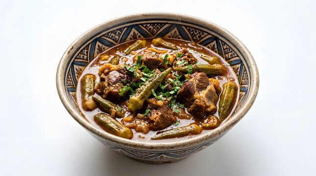 Rich Iraqi Bamia okra and lamb stew isolated on a white background. Ideal for Mediterranean and Arab culinary projects