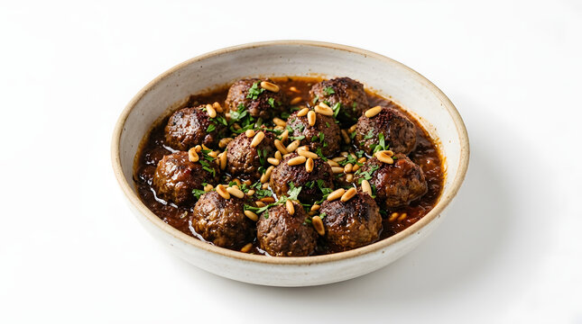 Savory Iraqi Dawood Basha meatball stew in tomato sauce isolated on white. Ideal for Arabic culinary projects