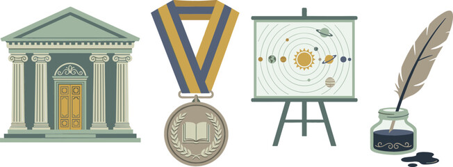 Academic and History Vector Set featuring University Building, Medal, Solar System Diagram, and Quill Pen with Inkwell for Education and School Interface Designs © MstBobita