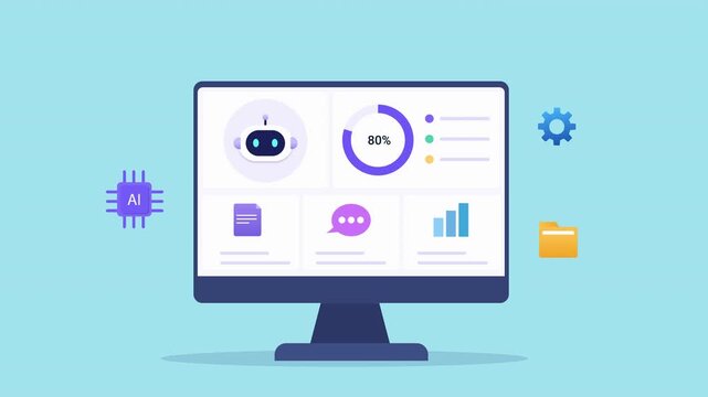Animated flat vector dashboard featuring an AI assistant, analytics charts, progress indicator, and business metrics. Modern technology animation for reporting, automation, and digital workflow.