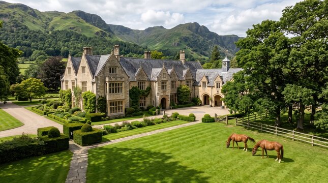 Sprawling stone manor house and landscaped estate with grazing horses on manicured lawns in mountain valley setting, bright daytime summer scene conveying peaceful rural luxury