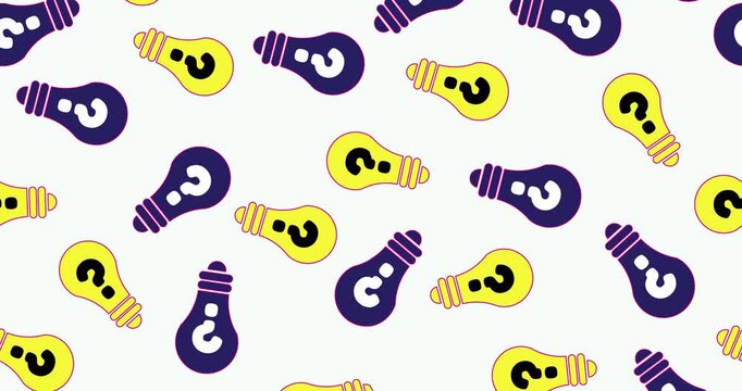 Seamlessly looping animation of yellow and purple light bulb icons with question marks floating over a white background representing creative thinking and problem solving.