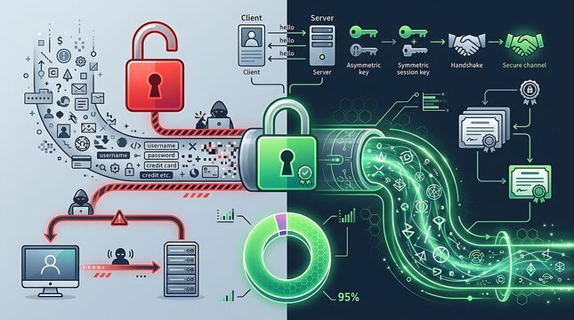 Cybersecurity infographic comparing secure and insecure data transfer