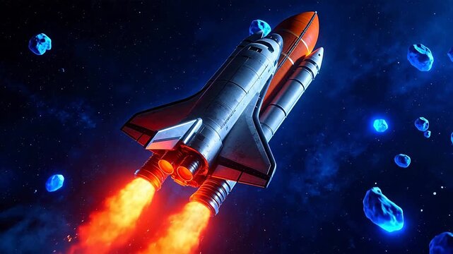 Space shuttle in orbit with asteroids