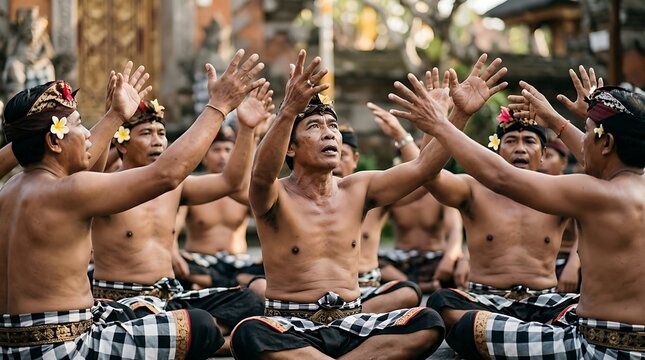 Traditional balinese kecak dance performance by group of men