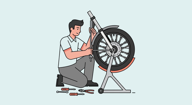 Man Repairing Bicycle Wheel Using Tools in Workshop Setting