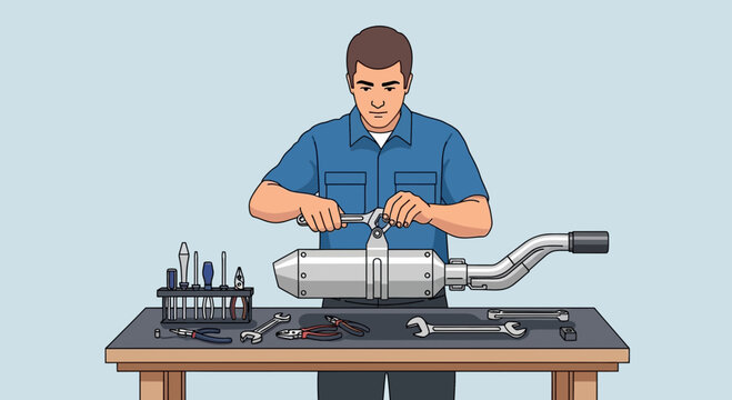 Professional Mechanic Working on Car Part with Various Tools