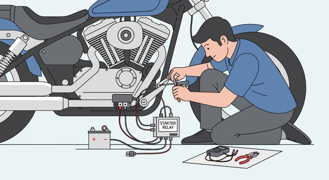 Mechanic Repairing Motorcycle Engine with Starter Relay Wiring Guide