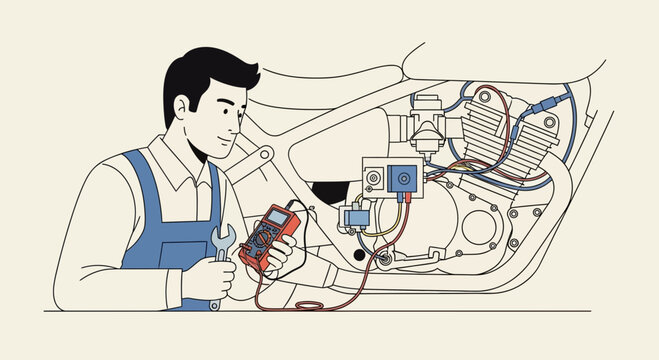 Technician Diagnosing Car Engine Problems with Multimeter Tool