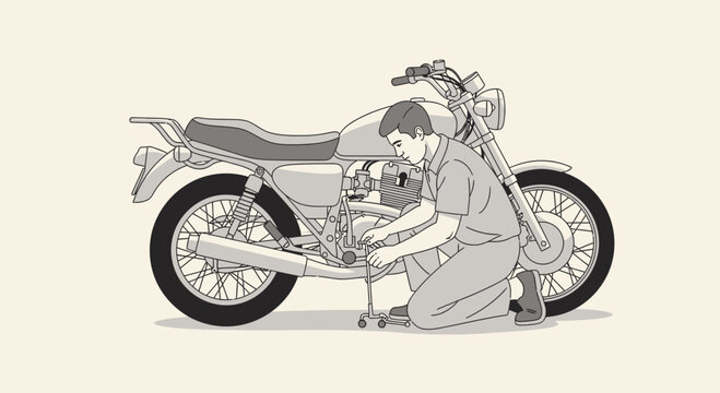 Mechanic Repairing Classic Motorcycle with Detailed Engine Work Illustration