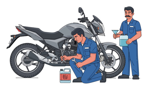 Mechanics Servicing Motorcycle with Brake Fluid Maintenance Guide