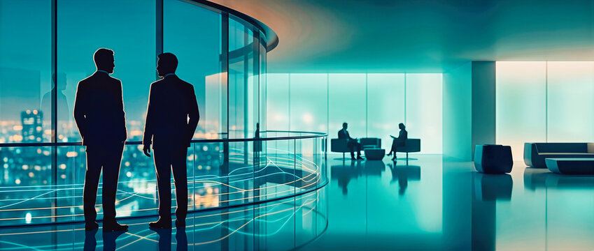 Silhouettes of two business executives talking by a curved glass window. Modern teal corporate office with glossy floor and glowing digital network lines. Cityscape at night