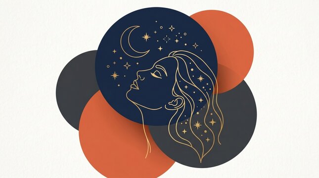 Minimalist line art of a woman profile looking up at the crescent moon and stars inside a dark blue circle geometric design