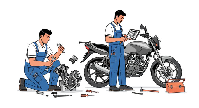 Mechanics Repairing Motorcycle Engine with Diagnostic Tablet