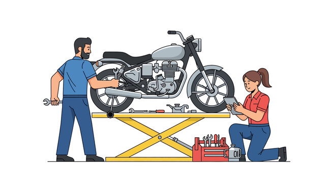 Mechanic and Assistant Repairing Motorcycle Using Digital Manual Guide