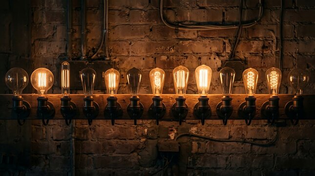 Row of vintage edison light bulbs glowing against a brick wall
