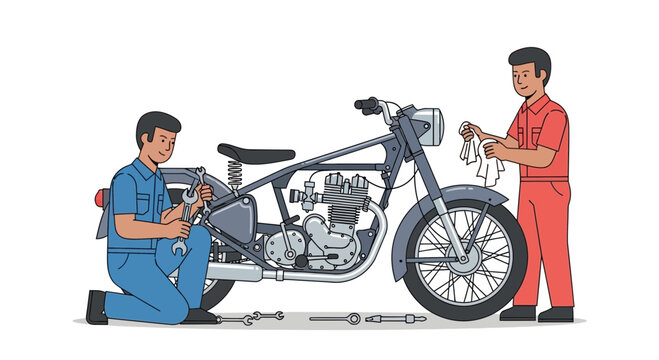 Mechanics Repairing Motorcycle Engine Together in Workshop