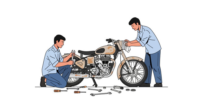 Mechanics Repairing Motorcycle Engine Together in Workshop