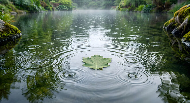 Single green leaf floating on pond water during gentle rain with ripples