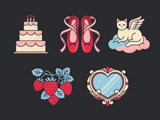 Retro Aesthetic Illustration Set with Cake, Ballet Slippers, Winged Cat, Strawberries, and Heart Mirror © Elen