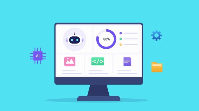 Animated flat vector dashboard featuring an AI assistant, progress indicator, analytics widgets, coding, media, and document panels. Modern technology animation for productivity and workflow managemen