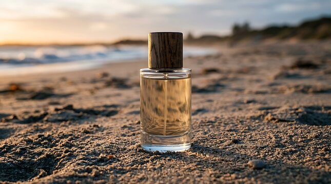 Elegant glass perfume bottle with wooden cap on sandy beach at sunset