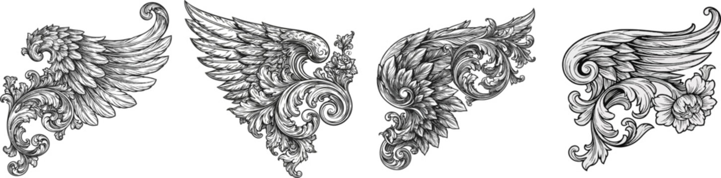 A Baroque angel-wing floral corner ornament features intricate feather patterns and scrolling vines, rendered in bold black and white line art against a solid white background