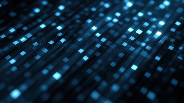 Abstract digital data stream background with glowing blue squares
