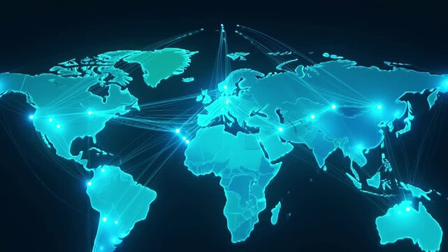 Global network connections visualized on a digital world map with glowing nodes