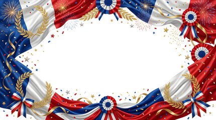 Obraz premium Waving French Flag Border with Gold Laurel Wreaths and Festive Confetti