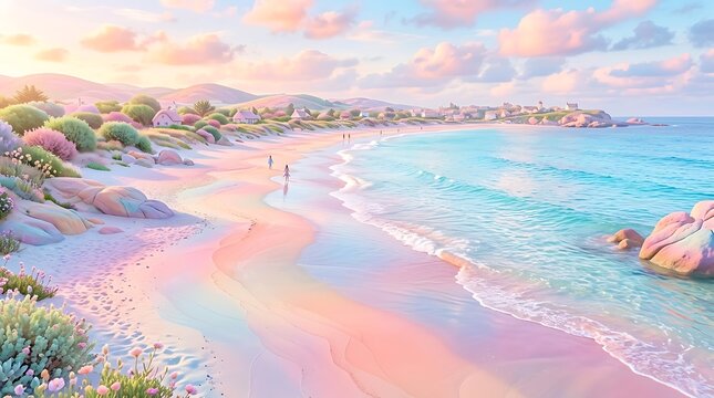 Dreamlike coastal landscape with pastel pink sand and turquoise sea