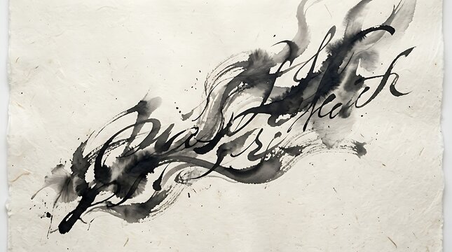 Abstract black ink calligraphy on handmade textured paper background