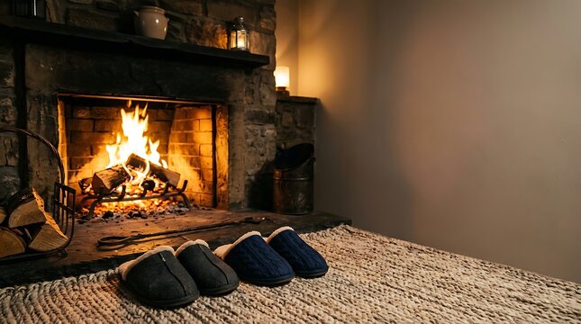 Cozy slippers resting on a rug by a warm glowing fireplace