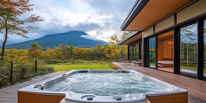 Modern Terrace with Luxury Hot Tub and Stunning Mountain Views During the Fall Seasonal Changeover.