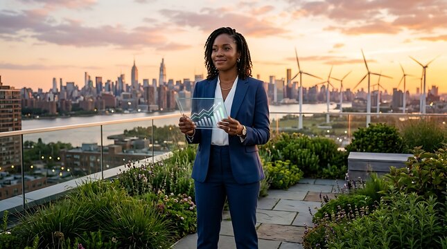 Businesswoman looking at growth charts on a sustainable city rooftop