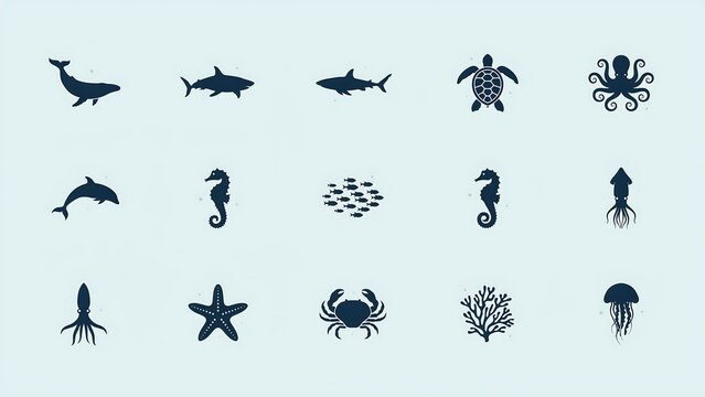 Marine Life Icons Flat Vector Silhouettes On Light Blue Background
