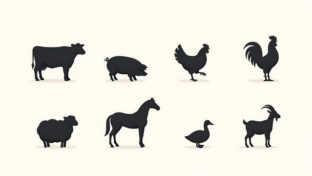 Farm Animal Silhouettes Flat Vector Illustration On Light Background