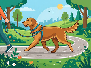 Fototapeta premium Happy Golden Retriever Dog Walking Along Scenic Pathway Near City
