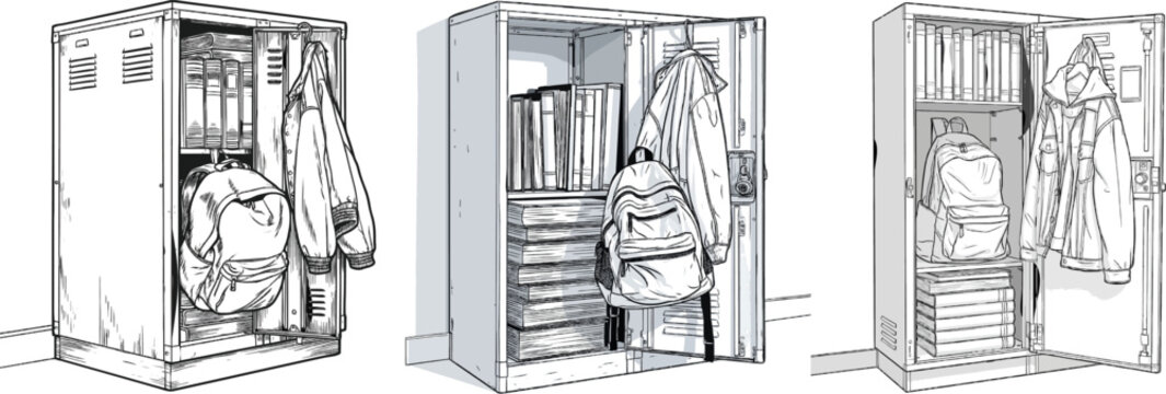 A school locker with an open door reveals thick textbooks, a student backpack, and a hanging jacket, all neatly arranged in bold black outlines against a pure white background