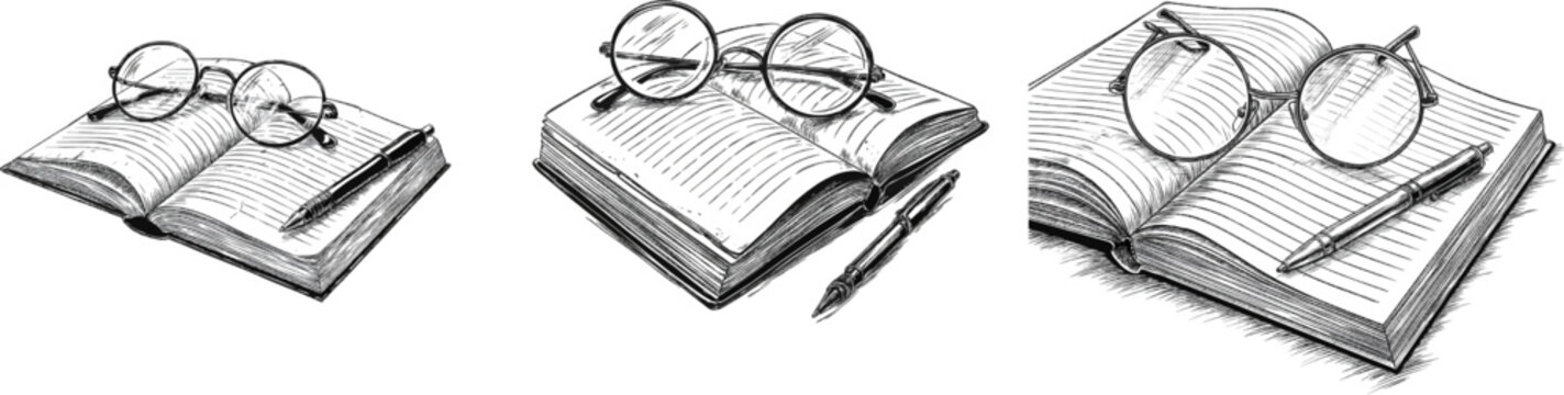 A pair of round glasses rests gently atop an open lined study notebook with a pen beside it, all set against a crisp black-and-white line art background